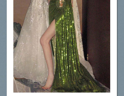 Ruched Trained Gown Evening Mermaid Sequin Strapless Slit