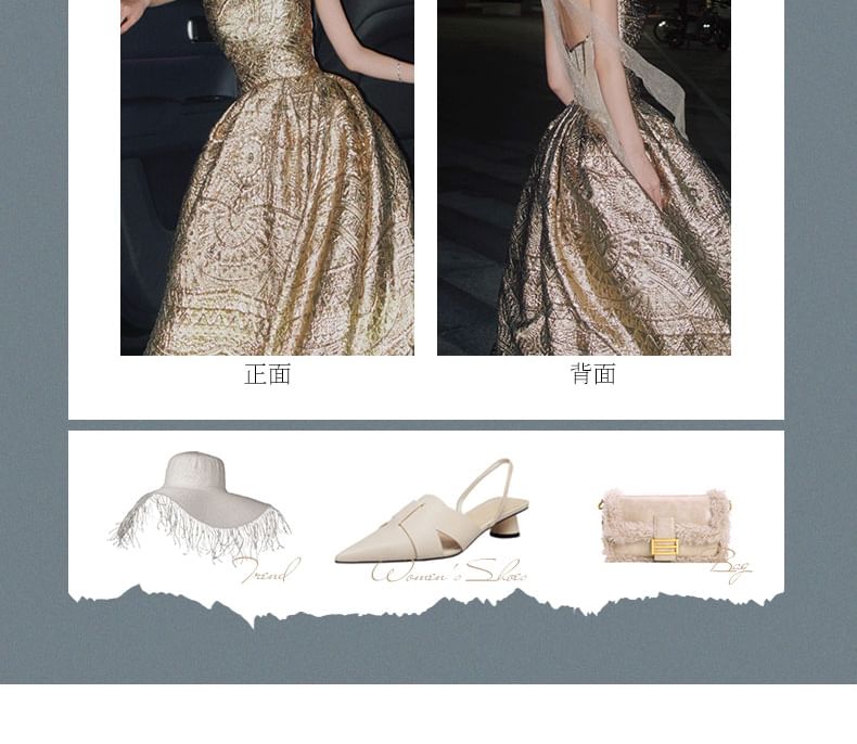 Patterned A-Line Gown Jacquard Strapless Evening