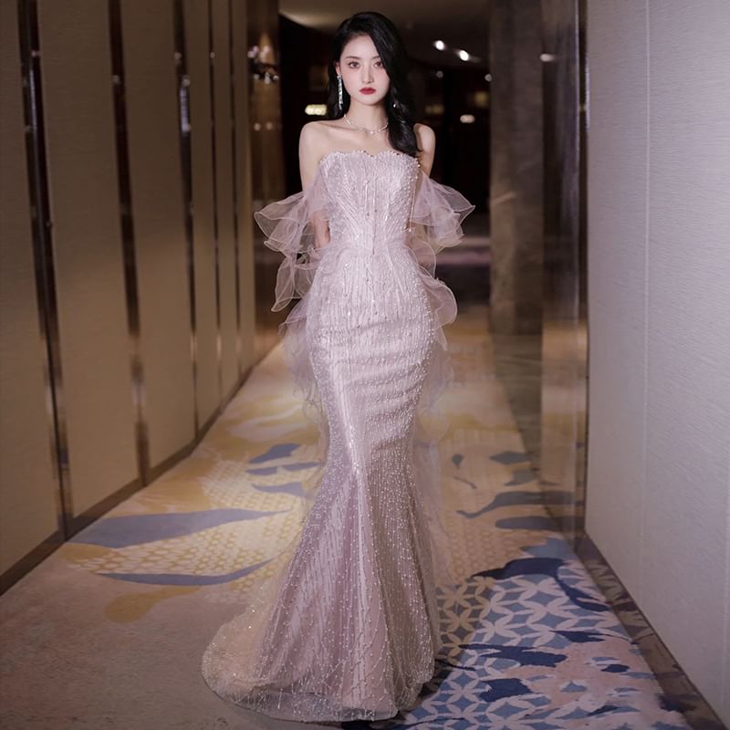 Mermaid Pearl Off-Shoulder Gown Accent Panel Evening Faux Mesh Sequin