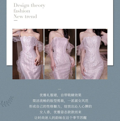 Mermaid Pearl Off-Shoulder Gown Accent Panel Evening Faux Mesh Sequin