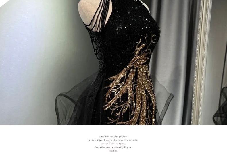 Panel Sequin Halter Shoulder Neck Gown Fringed Evening Mesh Mermaid Cold