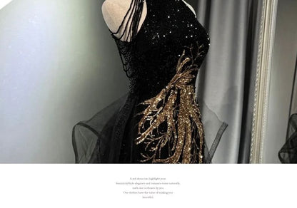 Panel Sequin Halter Shoulder Neck Gown Fringed Evening Mesh Mermaid Cold