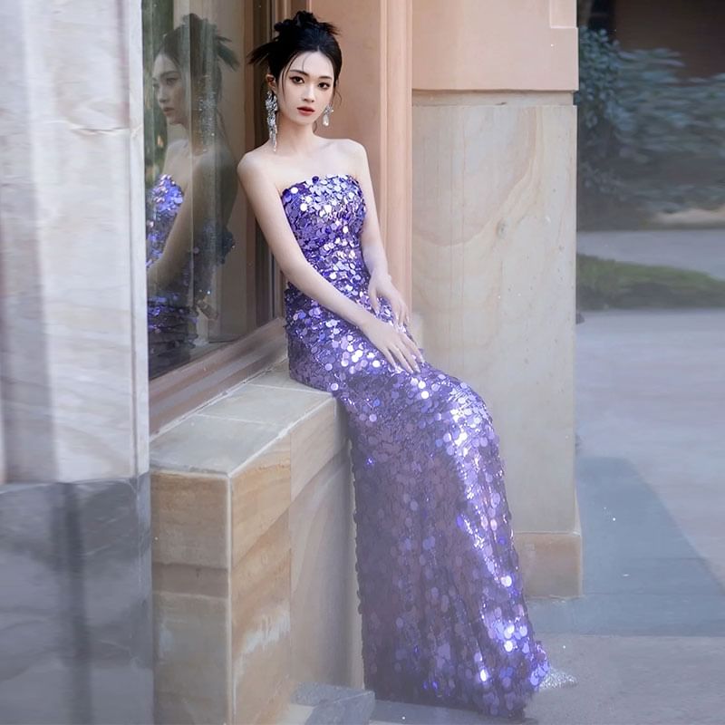 Strapless Plain Sequin Mermaid Evening Gown