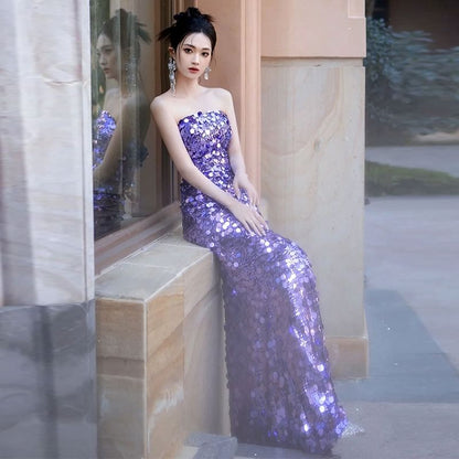 Strapless Plain Sequin Mermaid Evening Gown