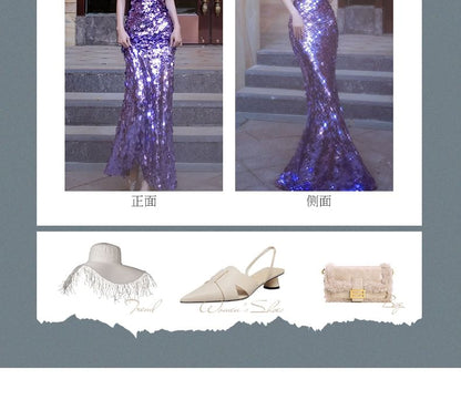 Strapless Plain Sequin Mermaid Evening Gown