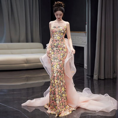 Spaghetti Strap Floral Sequin Bow Back Trained Mermaid Evening Gown