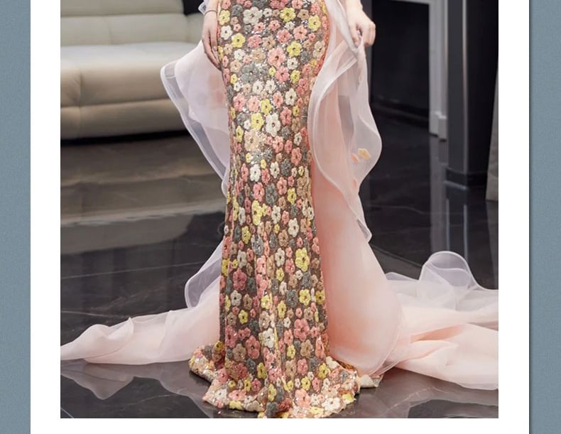 Spaghetti Strap Floral Sequin Bow Back Trained Mermaid Evening Gown