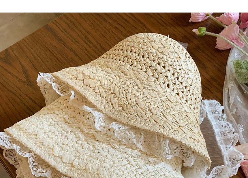 Lace Trim Straw Bucket Hat