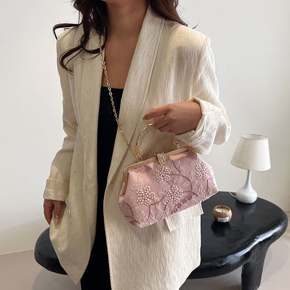 Flower Embroidered Chain Strap Crossbody Bag