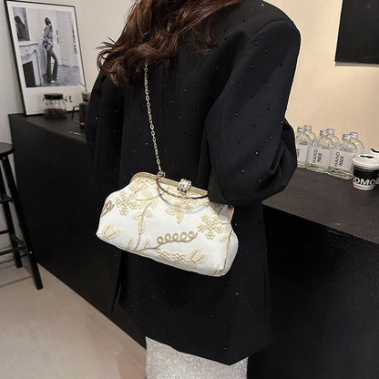Flower Embroidered Chain Strap Crossbody Bag