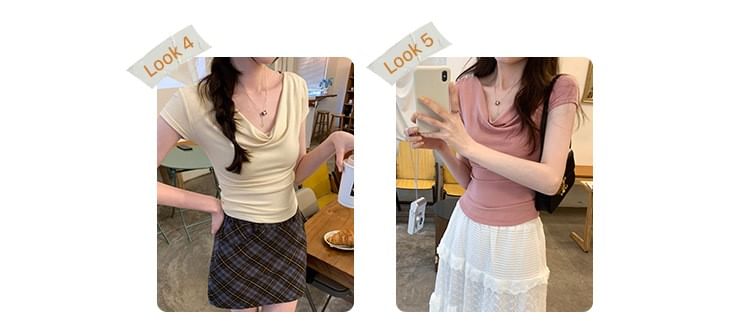 Tee Off-Shoulder Short-Sleeve Ruched Crop Plain