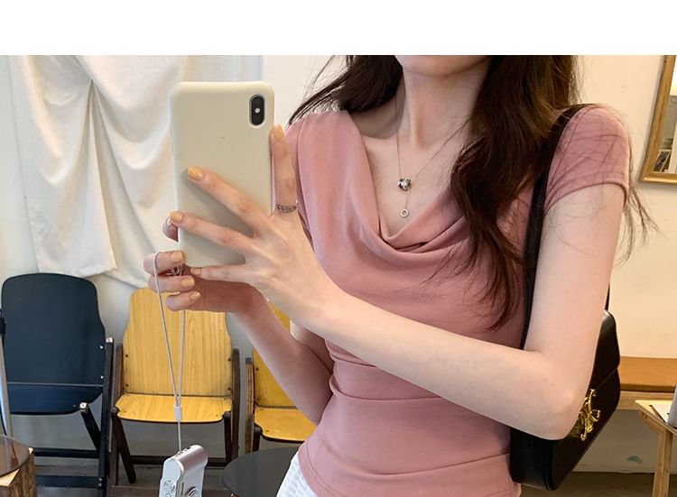 Tee Off-Shoulder Short-Sleeve Ruched Crop Plain