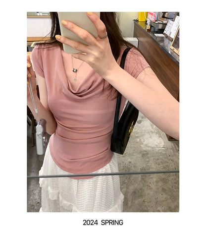 Tee Off-Shoulder Short-Sleeve Ruched Crop Plain