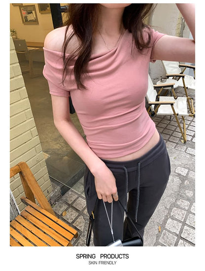 Tee Off-Shoulder Short-Sleeve Ruched Crop Plain
