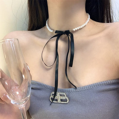 Faux Pearl Bow Choker / Hoop Earring