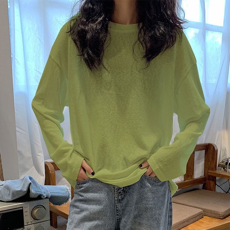 Oversized Plain Long-Sleeve Crew Tee Neck