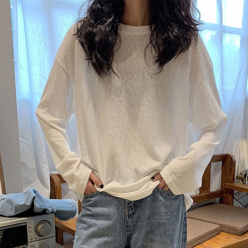 Oversized Plain Long-Sleeve Crew Tee Neck