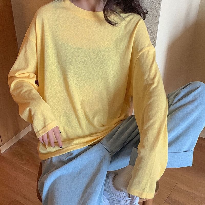 Oversized Plain Long-Sleeve Crew Tee Neck