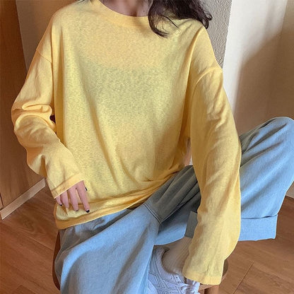 Oversized Plain Long-Sleeve Crew Tee Neck