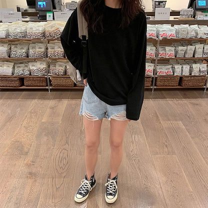 Oversized Plain Long-Sleeve Crew Tee Neck