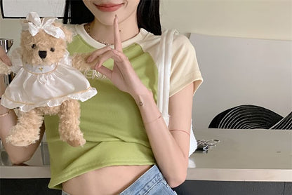 Short-Sleeve Crew Neck Letter Embroidered Cropped T-Shirt