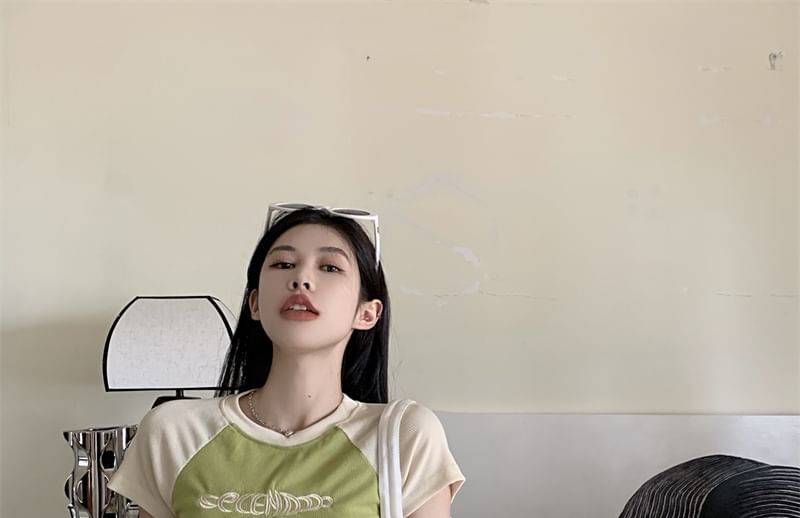 Short-Sleeve Crew Neck Letter Embroidered Cropped T-Shirt