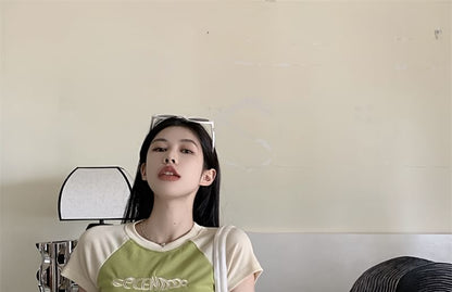 Short-Sleeve Crew Neck Letter Embroidered Cropped T-Shirt