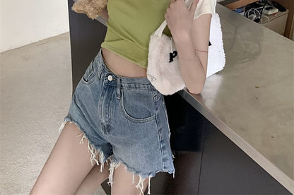 Short-Sleeve Crew Neck Letter Embroidered Cropped T-Shirt