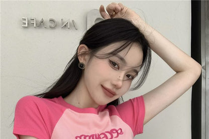 Short-Sleeve Crew Neck Letter Embroidered Cropped T-Shirt