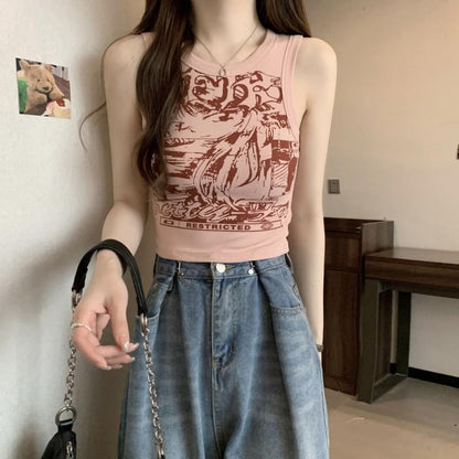 Round Neck Graphic Print Crop Tank Top