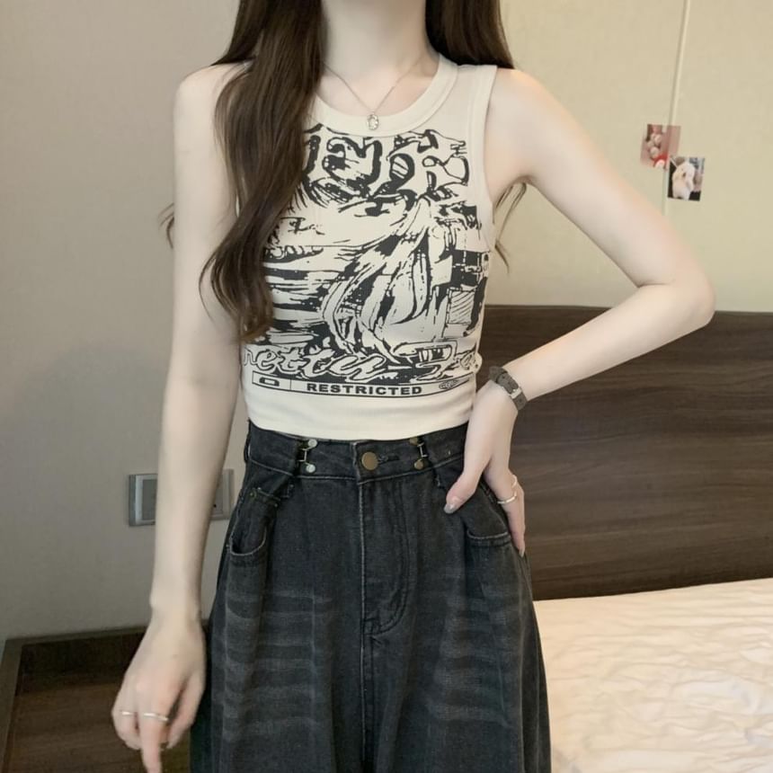 Round Neck Graphic Print Crop Tank Top