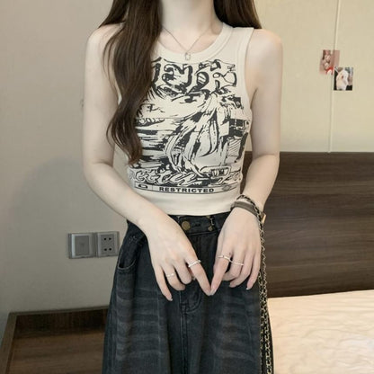 Round Neck Graphic Print Crop Tank Top