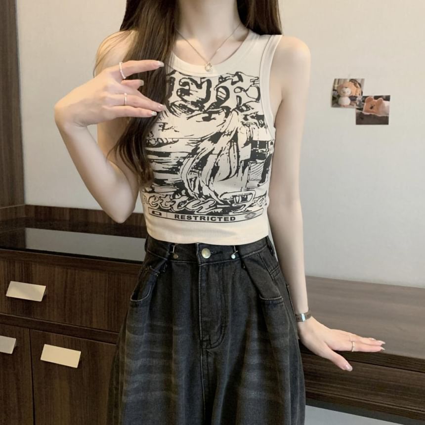 Round Neck Graphic Print Crop Tank Top