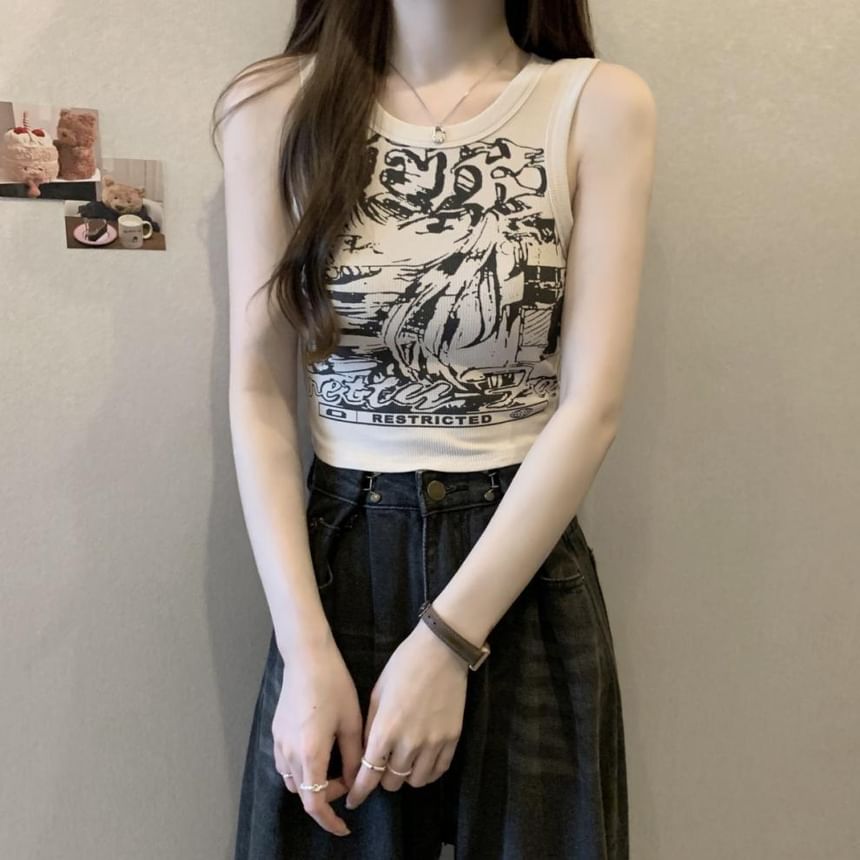 Round Neck Graphic Print Crop Tank Top