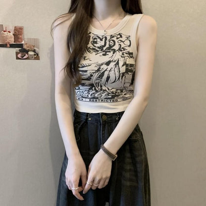 Round Neck Graphic Print Crop Tank Top