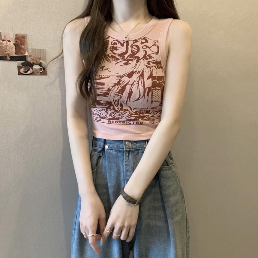 Round Neck Graphic Print Crop Tank Top