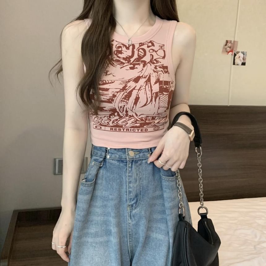 Round Neck Graphic Print Crop Tank Top