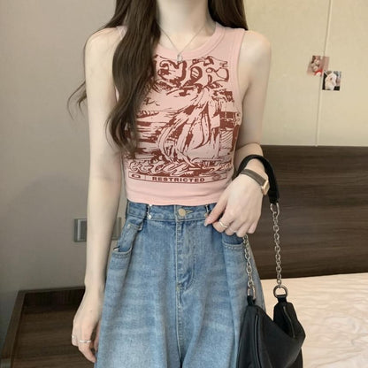 Round Neck Graphic Print Crop Tank Top