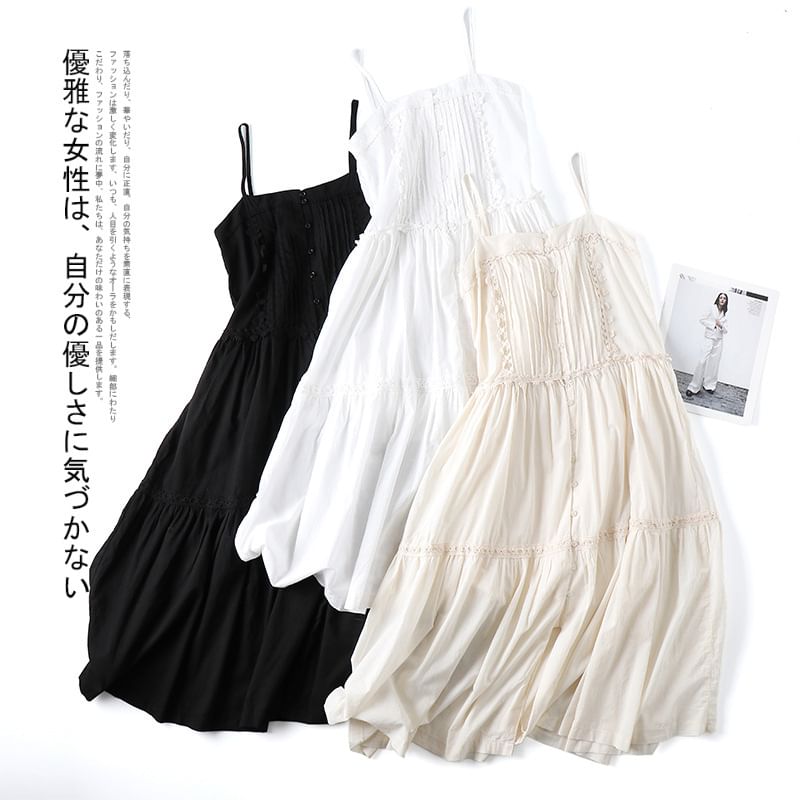 Thin Strap Lace-Trimmed Pintuck Button-Up Open Back Midi A-Line Dress
