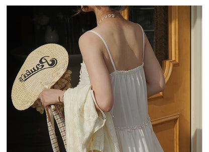 Thin Strap Lace-Trimmed Pintuck Button-Up Open Back Midi A-Line Dress