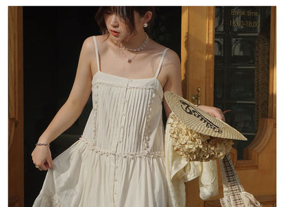 Thin Strap Lace-Trimmed Pintuck Button-Up Open Back Midi A-Line Dress