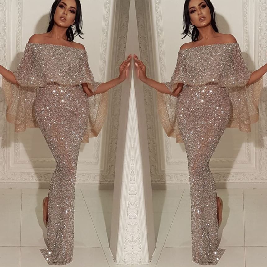 Off-Shoulder Sequin Sheath Evening Gown