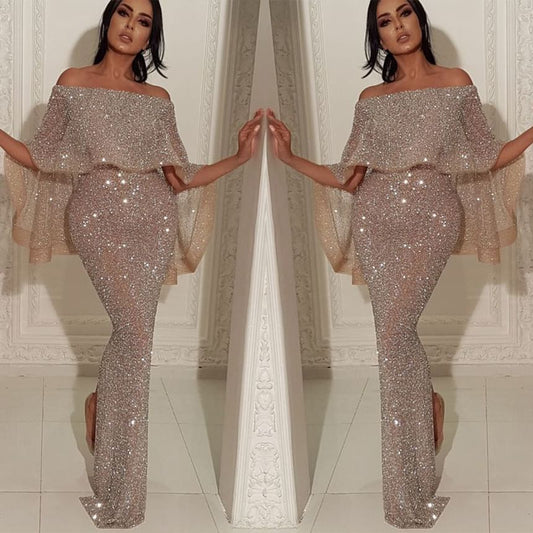 Off-Shoulder Sequin Sheath Evening Gown