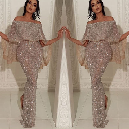 Off-Shoulder Sequin Sheath Evening Gown