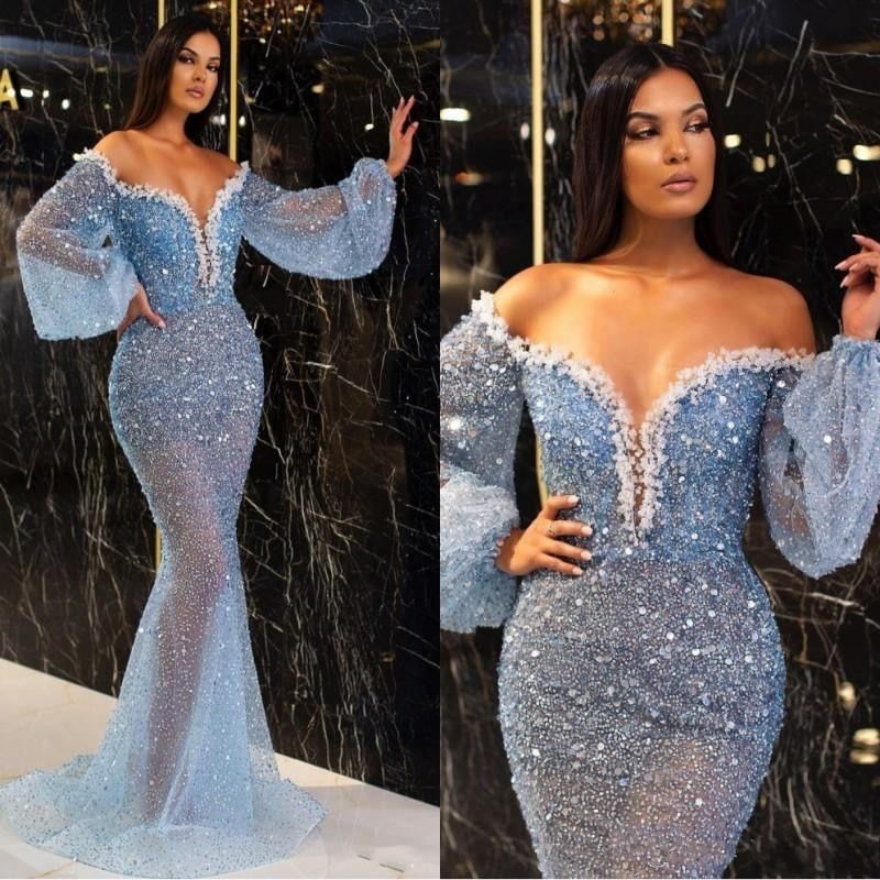 Puff-Sleeve Off-Shoulder Sequin Mermaid Evening Gown