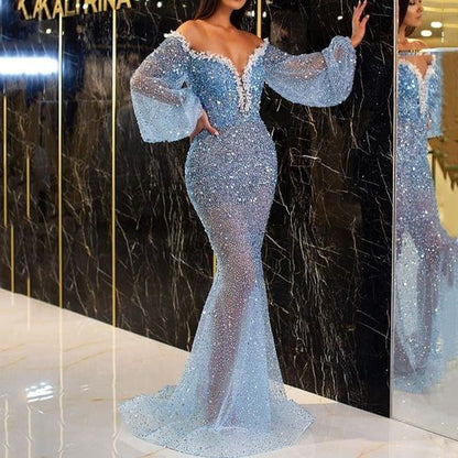 Puff-Sleeve Off-Shoulder Sequin Mermaid Evening Gown