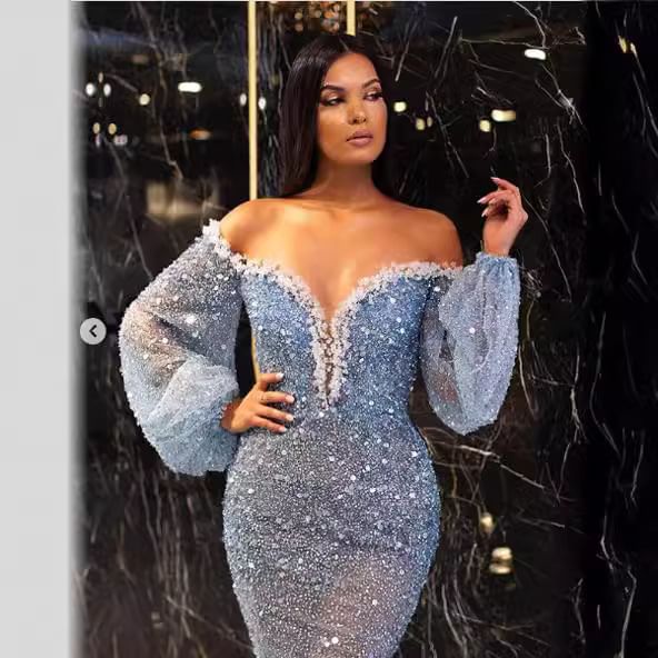 Puff-Sleeve Off-Shoulder Sequin Mermaid Evening Gown