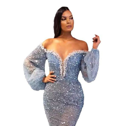 Puff-Sleeve Off-Shoulder Sequin Mermaid Evening Gown