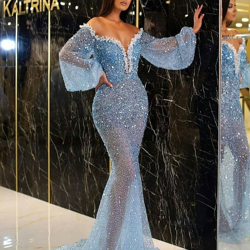 Puff-Sleeve Off-Shoulder Sequin Mermaid Evening Gown