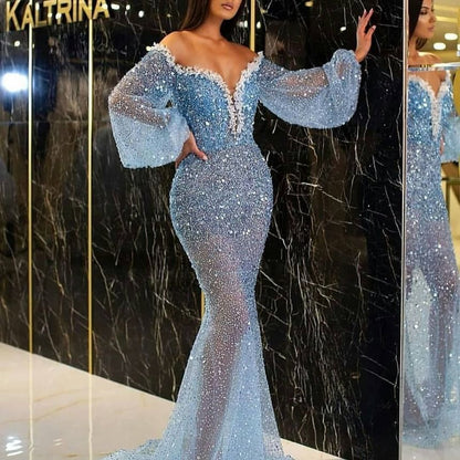 Puff-Sleeve Off-Shoulder Sequin Mermaid Evening Gown